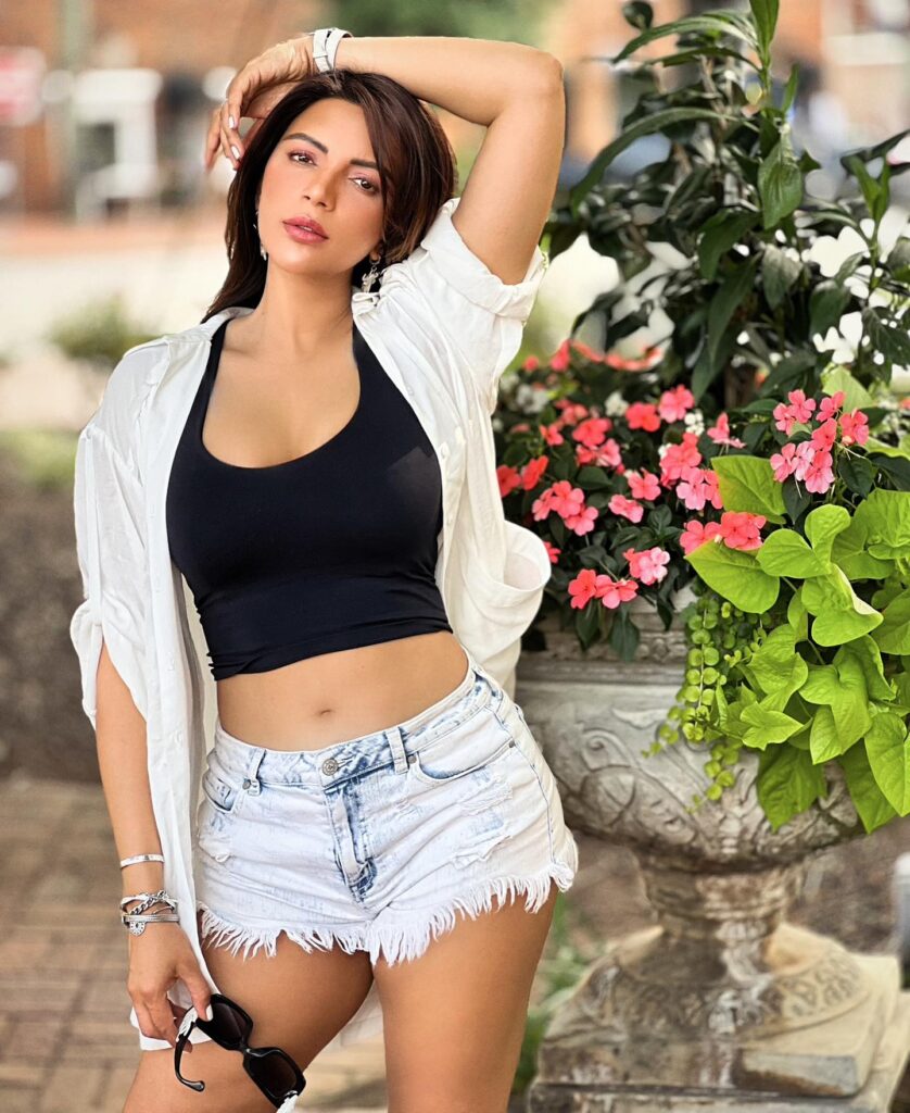 Shama Sikander Photoshoot in Hot Pants and White Open Shirt and Sports Bra 

